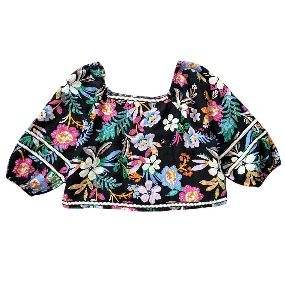C&C California 100% Linen Floral Peasant Crop Top Black Boho Puff Sleeve XL